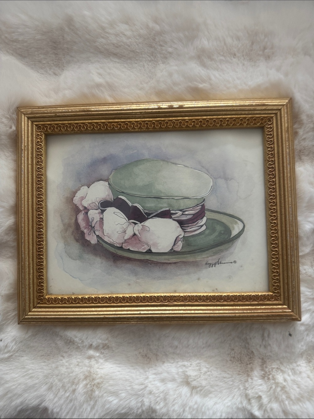 Peggy Abrams Framed Watercolor Hat Art Print in Sage Green and Pink